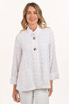 Lemon Grass Flocked Front Button Jacket in White.  Stand collar flocked textured jacket with 2 button closure.  Bracelet length sleeve with wide cuff.  Relaxed fit._t_59720001257838