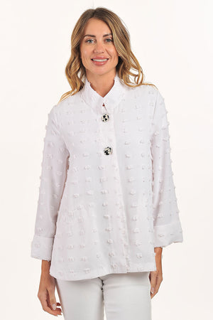 Lemon Grass Flocked Front Button Jacket in White.  Stand collar flocked textured jacket with 2 button closure.  Bracelet length sleeve with wide cuff.  Relaxed fit._59720001257838