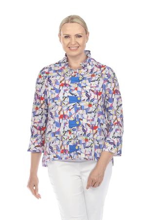 Terra Abstract Blouse in Royal. Abstract geometric block print with royal blue button tab closures.  Adjustable wire collar button down blouse.  3/4 sleeve with split turn-back cuff.  Solid tab closures on front with yellow buttons. High low hem.  Relaxed fit._59694626177390