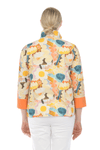 Terra Watercolor Pocket Blouse in Warm Multi.  Watercolor print with orange accents.  Wire color button down blouse.  3/4 sleeve with orange split cuff and single orange breast pocket.  High low hem.  Relaxed fit._t_59694369374574