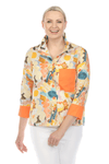 Terra Watercolor Pocket Blouse in Warm Multi.  Watercolor print with orange accents.  Wire color button down blouse.  3/4 sleeve with orange split cuff and single orange breast pocket.  High low hem.  Relaxed fit._t_59694369440110