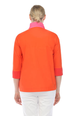 Terra Wire Collar Double Pocket Blouse in Hot.  Bright red wire collar button down with double pockets on front in pink and red.  3/4 sleeve with contrast color split cuff.  Side slits.  High low hem. Relaxed fit._59761147511150