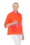 Terra Wire Collar Double Pocket Blouse in Hot.  Bright red wire collar button down with double pockets on front in pink and red.  3/4 sleeve with contrast color split cuff.  Side slits.  High low hem. Relaxed fit._t_59761147543918