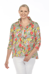 Terra Wire Collar Floral Blouse.  Bright floral print.  Adjustable wire collar buttondown with solid green buttons.  3/4 sleeve with split cuff.  Side seam pockets.  Side slits. High low hem.  A line shape. Relaxed fit._t_59694437532014