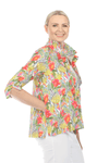 Terra Wire Collar Floral Blouse.  Bright floral print.  Adjustable wire collar button down with solid green buttons.  3/4 sleeve with split cuff.  Side seam pockets.  Side slits. High low hem.  A line shape. Relaxed fit._t_59694437433710