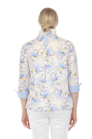 Terra Stripe & Floral Blouse in Ocean.  Pale pastel floral pattern on cream background.  Convertible collar button down blouse with blue buttons.  3/4 sleeve with split turn-back cuff. 2 front patch pockets.   Blue and white stripe trim on inner button placket, cuff and around pocket.  Stripe tab at back neck. Relaxed fit._59694498775406