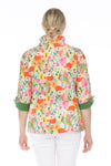 Terra Wire Collar Floral Blouse in Kelly Green.  Bright floral print  Wire collar button down blouse.  Solid green lining inside collar.  3/4 sleeve with fold back split cuff lined with green.  Side seam pockets.  A line shape.  Relaxed fit._t_59761358078318