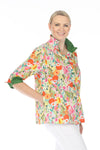 Terra Wire Collar Floral Blouse in Kelly Green.  Bright floral print  Wire collar button down blouse.  Solid green lining inside collar.  3/4 sleeve with fold back split cuff lined with green.  Side seam pockets.  A line shape.  Relaxed fit._t_59761358143854