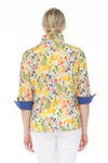 Terra Wire Collar Floral Blouse in Ink Blue.  Bright floral print  Wire collar button down blouse.  Solid blue lining inside collar.  3/4 sleeve with fold back split cuff lined with blue.  Side seam pockets.  A line shape.  Relaxed fit._t_59761358111086