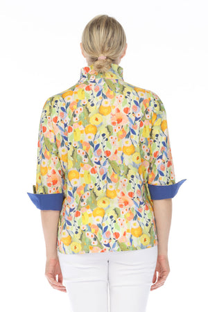 Terra Wire Collar Floral Blouse in Ink Blue.  Bright floral print  Wire collar button down blouse.  Solid blue lining inside collar.  3/4 sleeve with fold back split cuff lined with blue.  Side seam pockets.  A line shape.  Relaxed fit._59761358111086