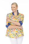 Terra Wire Collar Floral Blouse in Ink Blue.  Bright floral print  Wire collar button down blouse.  Solid blue lining inside collar.  3/4 sleeve with fold back split cuff lined with blue.  Side seam pockets.  A line shape.  Relaxed fit._t_59761358045550