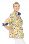 Terra Wire Collar Floral Blouse in Ink Blue.  Bright floral print  Wire collar button down blouse.  Solid blue lining inside collar.  3/4 sleeve with fold back split cuff lined with blue.  Side seam pockets.  A line shape.  Relaxed fit._t_59761358176622