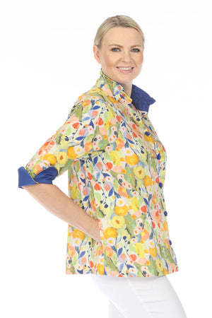 Terra Wire Collar Floral Blouse in Ink Blue.  Bright floral print  Wire collar button down blouse.  Solid blue lining inside collar.  3/4 sleeve with fold back split cuff lined with blue.  Side seam pockets.  A line shape.  Relaxed fit._59761358176622