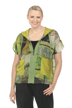 Terra Hooded Double Pocket Jacket in Kiwi.  Soft abstract print with solid accents.  Zip front with attached solid kiwi hood.  2 front solid patch pockets in kiwi.  Light green zip placket.  Dolman cap sleeve with elastic cinching at shoulder. High low hem. Side slits._59695135293806