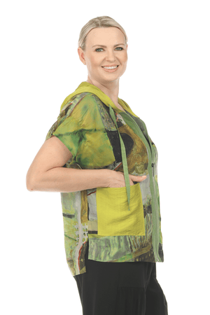 Terra Hooded Double Pocket Jacket in Kiwi.  Soft abstract print with solid accents.  Zip front with attached solid kiwi hood.  2 front solid patch pockets in kiwi.  Light green zip placket.  Dolman cap sleeve with elastic cinching at shoulder. High low hem. Side slits._59695135261038