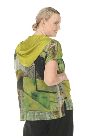 Terra Hooded Double Pocket Jacket in Kiwi.  Soft abstract print with solid accents.  Zip front with attached solid kiwi hood.  2 front solid patch pockets in kiwi.  Light green zip placket.  Dolman cap sleeve with elastic cinching at shoulder. High low hem. Side slits._59695124775278