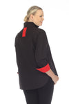 Terra Chic Woven Top in Black.  Convertible stand collar split neck popover with 2 button placket.  Red color block insert on inner placket.  Long sleeves with button cuffs lined in red.  Back contrast color inset at neck.  In seam pouch pockets.  High low hem.  Side slits.  Relaxed fit._t_59403081580910