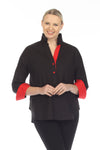 Terra Chic Woven Top in Black.  Convertible stand collar split neck popover with 2 button placket.  Red color block insert on inner placket.  Long sleeves with button cuffs lined in red.  Back contrast color inset at neck.  In seam pouch pockets.  High low hem.  Side slits.  Relaxed fit._t_59403081613678