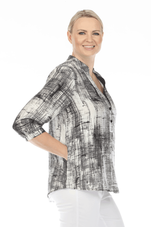 Terra Airbrush Top in Silver.  Black and white scratch print.  Popover with banded crew neck and split v 2 button placket.  3/4 gathered sleeve with button cuff.  Side seam pockets.  Solid black trim on 1 side of neck placket.  Back yoke.  Slight high low hem.  Relaxed fit._59696203137390