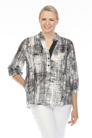 Terra Airbrush Top in Silver.  Black and white scratch print.  Popover with banded crew neck and split v 2 button placket.  3/4 gathered sleeve with button cuff.  Side seam pockets.  Solid black trim on 1 side of neck placket.  Back yoke.  Slight high low hem.  Relaxed fit._59696203170158