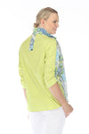 Terra Wire Collar Color Block Floral Blouse in Kiwi.  Floral print front; solid kiwi green back.  Adjustable wire collar popover with 5 button placket.  3/4 sleeve with center drawstring.  Side seam pockets.  Floral tab at back neck.  High low hem.  Relaxed fit._t_59764395213166