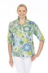 Terra Wire Collar Color Block Floral Blouse in Kiwi.  Floral print front; solid kiwi green back.  Adjustable wire collar popover with 5 button placket.  3/4 sleeve with center drawstring.  Side seam pockets.  Floral tab at back neck.  High low hem.  Relaxed fit._t_59764395114862