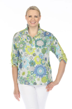 Terra Wire Collar Color Block Floral Blouse in Kiwi.  Floral print front; solid kiwi green back.  Adjustable wire collar popover with 5 button placket.  3/4 sleeve with center drawstring.  Side seam pockets.  Floral tab at back neck.  High low hem.  Relaxed fit._59764395114862