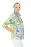 Terra Wire Collar Color Block Floral Blouse in Kiwi.  Floral print front; solid kiwi green back.  Adjustable wire collar popover with 5 button placket.  3/4 sleeve with center drawstring.  Side seam pockets.  Floral tab at back neck.  High low hem.  Relaxed fit._t_59764395147630