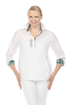 Terra Contrast Collar & Cuff Top.  White popover with navy embroidery and contrast print inner cuff, underside of collar and inner placket.  Pointed collar with 5 button placket.  3/4 sleeve with split turn-back cuff.  Shirt tail high low hem.  Relaxed fit._t_59698204082542