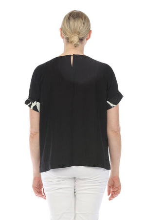 Terra Abstract Art Top in Black.  Crew neck short sleeve top with sewn printed cuff.  Large abstract square graphic on front.  Keyhole in back with button closure. Side slits.  Side seam pockets.  High low hem.  Relaxed fit._59761402937710