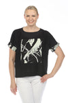 Terra Abstract Art Top in Black.  Crew neck short sleeve top with sewn printed cuff.  Large abstract square graphic on front.  Keyhole in back with button closure. Side slits.  Side seam pockets.  High low hem.  Relaxed fit._t_59761402970478