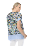 Terra Abstract Floral Top in Blue.  Abstract floral print with solid light blue.  Crew neck, dolman short sleeve top.  Inseam pouch pockets. Inset border of solid blue at hem and cuff. High low hem. Relaxed fit._t_59705561973102