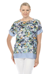 Terra Abstract Floral Top in Blue.  Abstract floral print with solid light blue.  Crew neck, dolman short sleeve top.  Inseam pouch pockets. Inset border of solid blue at hem and cuff. High low hem. Relaxed fit._t_59705561940334