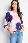 NIC+ZOE Blossom Blur Sweater in Purple Multi.  Screen print.  Blurred abstract floral print.  Crew neck cotton knit with pleat detail at top of sleeve.  Rib detail down center sleeve.   Long sleeves.  Rib trim at neck hem and cuff.  Classic fit._t_59451447869806