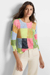 NIC+ZOE Colorfield Sweater in Green Multi.  Patchwork square screen print in bright colors.  Crew neck 3/4 sleeve sweater with split cuff.  Drop shoulder.  Rib trim at neck hem and cuff.  Classic fit._t_59571565396334