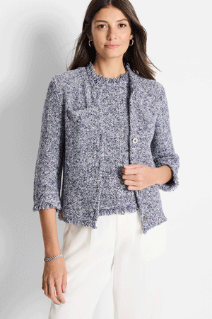 NIC+ZOE Mixed Knit Sweater Jacket in Indigo Mix.  Boucle button down with crew neck and metal buttons.  3/4 sleeve  Fringe trim at neck, hem and cuff.  Classic fit._59575150903662