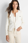 NIC+ZOE Stitch Trim Knit Jacket in Classic Cream.  Crew neck long sleeve textured knit jacket with hook and eye closures at the front.  Long sleeves. Front pockets at the chest with metallic button trim.  Embroidered ribbon trim at edges.  Rear contour darts.  Fitted.  _t_59575199203694