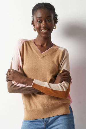 Zaket & Plover College Sweater in Cookie.  Colorblock v neck sweater.  Camel front, pink back.  2 long raglan sleeves, colorblocked from front to back.  Light pink sleeve on right front with cocoa back.  Beige sleeve on left with rust back. Rib trim at neck, hem and cuff.  Contrast color tipping at cuff.  Relaxed fit._52914797805934