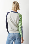 Zaket & Plover College Sweater in Denim.  Colorblock v neck sweater.  Denim front,  heather gray back.  2 long raglan sleeves, colorblocked from front to back.  Light blue sleeve on right front with lime back.  Heather gray sleeve on left with navy back. Rib trim at neck, hem and cuff.  Contrast color tipping at cuff.  Relaxed fit._t_52914797904238