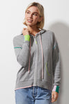 Zaket & Plover Handcraft Hoodie in Cloud, a light gray.  Zip front hoodie with contrast color drawstring.  Long sleeves with contrast color cuffs.  Birds eye stitch front placket and hoodie edging.  Front pouch pockets.  Blanket stitch trim at pocket and shoulder.  Rib trim at cuff and hem.  Relaxed fit._t_59399699923310