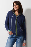 Zaket & Plover Handcraft Hoodie in Denim.  Zip front hoodie with contrast color drawstring.  Long sleeves with contrast color cuffs.  Birds eye stitch front placket and hoodie edging.  Front pouch pockets.  Blanket stitch trim at pocket and shoulder.  Rib trim at cuff and hem.  Relaxed fit._t_52914899878254