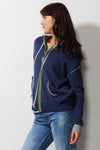 Zaket & Plover Handcraft Hoodie in Denim.  Zip front hoodie with contrast color drawstring.  Long sleeves with contrast color cuffs.  Birds eye stitch front placket and hoodie edging.  Front pouch pockets.  Blanket stitch trim at pocket and shoulder.  Rib trim at cuff and hem.  Relaxed fit._t_52914899911022