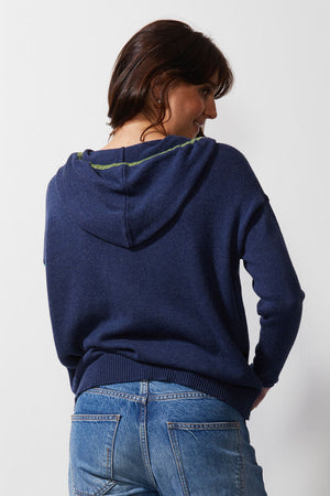 Zaket & Plover Handcraft Hoodie in Denim.  Zip front hoodie with contrast color drawstring.  Long sleeves with contrast color cuffs.  Birds eye stitch front placket and hoodie edging.  Front pouch pockets.  Blanket stitch trim at pocket and shoulder.  Rib trim at cuff and hem.  Relaxed fit._52914899845486