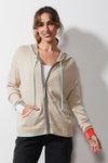 Zaket & Plover Handcraft Hoodie in Oak beige.  Zip front hoodie with contrast color drawstring.  Long sleeves with contrast color cuffs.  Birds eye stitch front placket and hoodie edging.  Front pouch pockets.  Blanket stitch trim at pocket and shoulder.  Rib trim at cuff and hem.  Relaxed fit._t_59399699988846