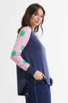 Zaket & Plover Spots & Stripes Sweater in Denim.  Crew neck sweater with modified raglan sleeves.  Color blocking on sleeves.  1 sleeve has contrast intarsia dots - the other contrast stripes.  Curved hem. Contrast color rib at neck.  Rib trim at hem and cuff.  High low hem.  Relaxed fit._t_59867403321710