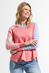 Zaket & Plover Spots & Stripes Sweater in Flamingo.  Crew neck sweater with modified raglan sleeves.  Color blocking on sleeves.  1 sleeve has contrast intarsia dots - the other contrast stripes.  Curved hem. Contrast color rib at neck.  Rib trim at hem and cuff.  High low hem.  Relaxed fit._t_59867403288942