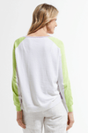 Zaket & Plover Baseball Sweater in Marled gray.   Gray front; lime green sleeves and white back.  Lilac insets at side seam and neck.  Crew neck with raglan sleeve.  Rib trim at neck, hem and cuff.  Side slits. Relaxed fit._t_59642737066350