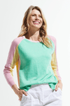 Zaket & Plover Baseball Sweater in Menthol.   Bright seafoam green front; pink sleeves and yellow back.  Pink insets at side seam and neck.  Crew neck with raglan sleeve.  Rib trim at neck, hem and cuff.  Side slits. Relaxed fit._t_59642740474222