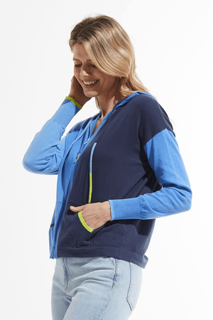 Zaket & Plover Color Block Hoodie in Ink.  Zip up hoodie with attached hood and drawstring.  1/2 front is bright blue, other half navy. Navy back.  1 bright blue sleeve and hood, 1 sleeve light blue.  Kangaroo pouch pockets with contrast color trim.  Rib trim at cuffs. Relaxed fit._59642815152494