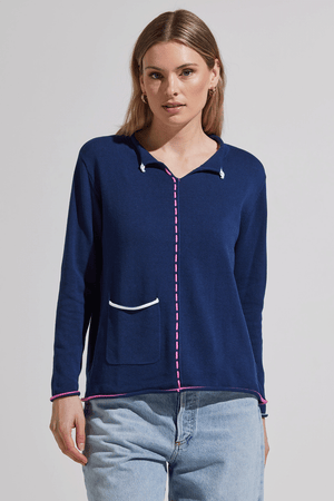 Zaket & Plover Thread Detail Sweater in Navy.  Rolled collar, split v neckline.  Long sleeves.  Center front seam with hand stitch detail down seam.  Rolled edges.  Single front pocket.  Contrast tipping at collar, hem and cuff.  Relaxed fit._59642754924910